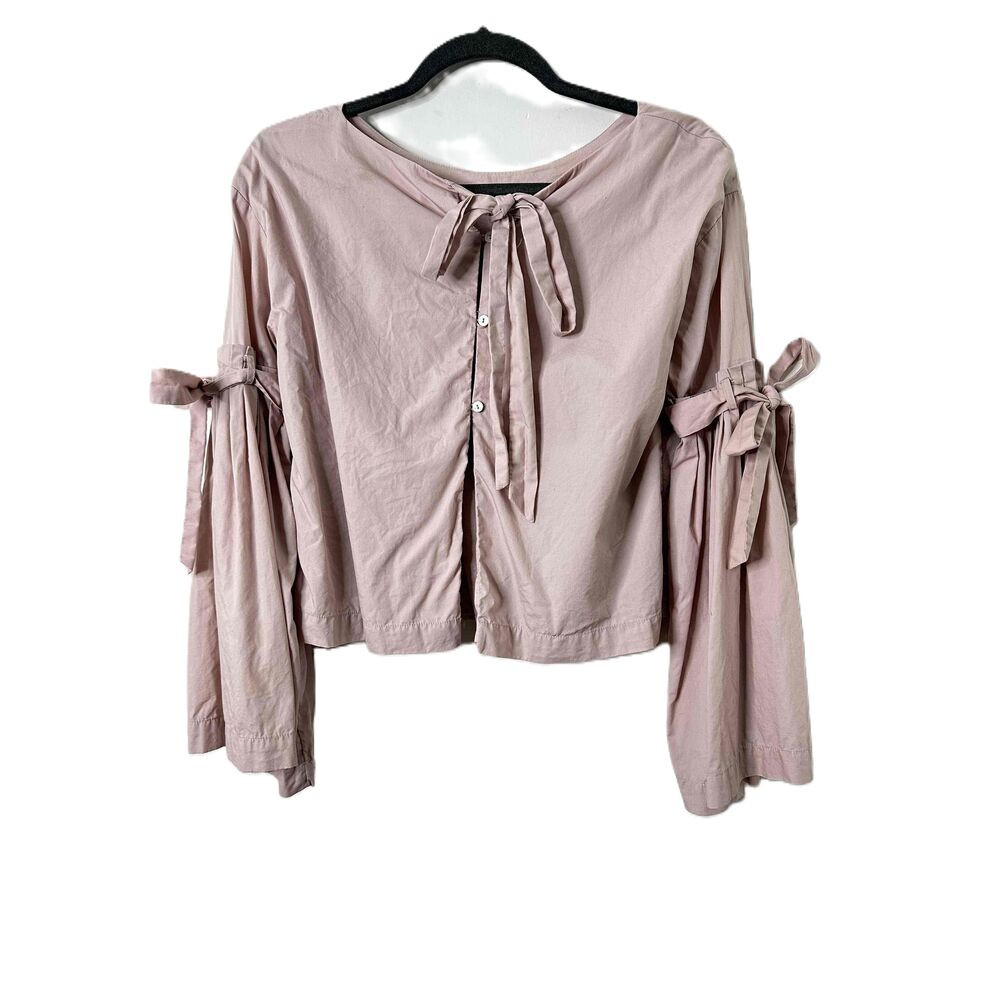 Free People Blouse Womens Size Small Dusty Rose Long Tie Bell Sleeve Button Back - Picture 11 of 12